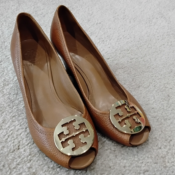 Tory Burch Brown Peep-Toe Wedge - Picture 1 of 3